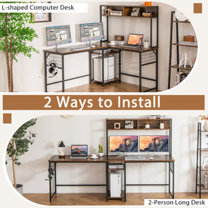 L-shaped Desk with Power Outlet Hutch-Rustic Brown