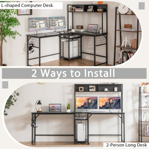 L-shaped Desk with Power Outlet Hutch-Black