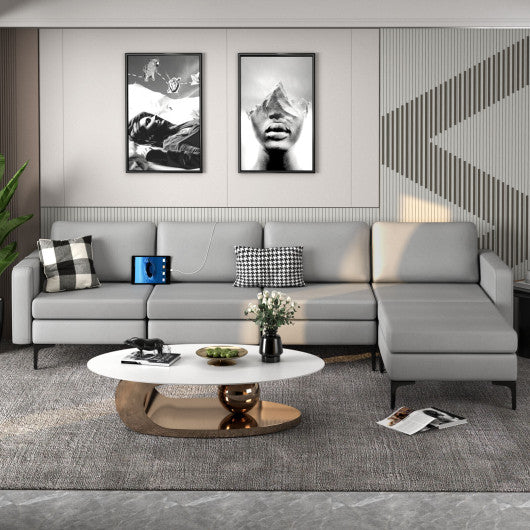 Modular L-shaped Sectional Sofa with Reversible Ottoman and 2 USB Ports-Light Gray
