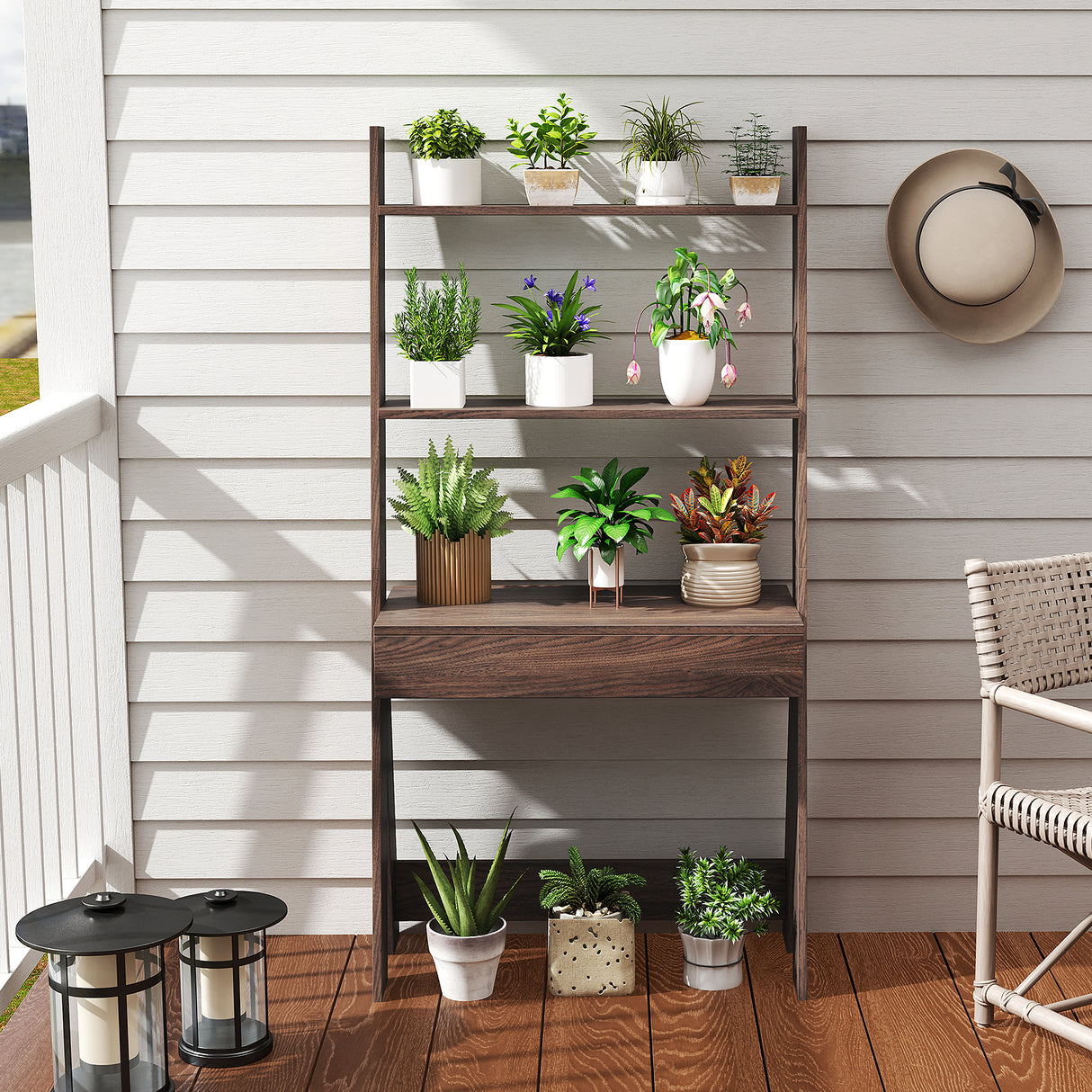 Ladder Shelf Desk Bookcase with Countertop  Drawer and 2 Shelves-Natural