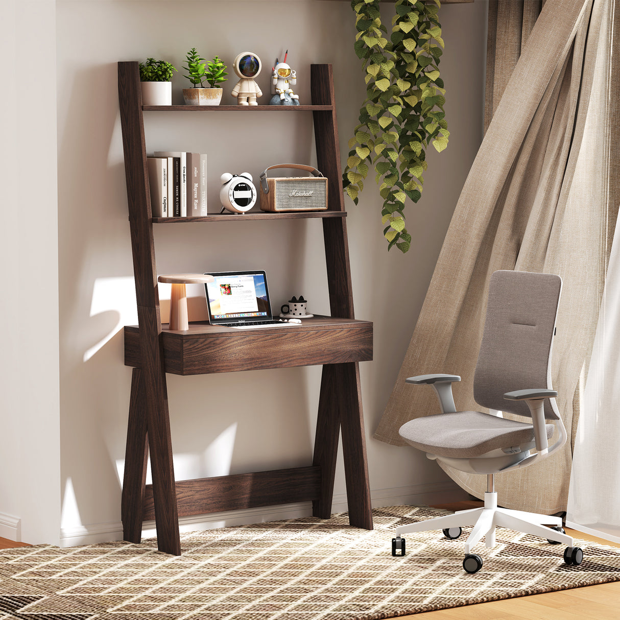Ladder Shelf Desk Bookcase with Countertop  Drawer and 2 Shelves-Natural