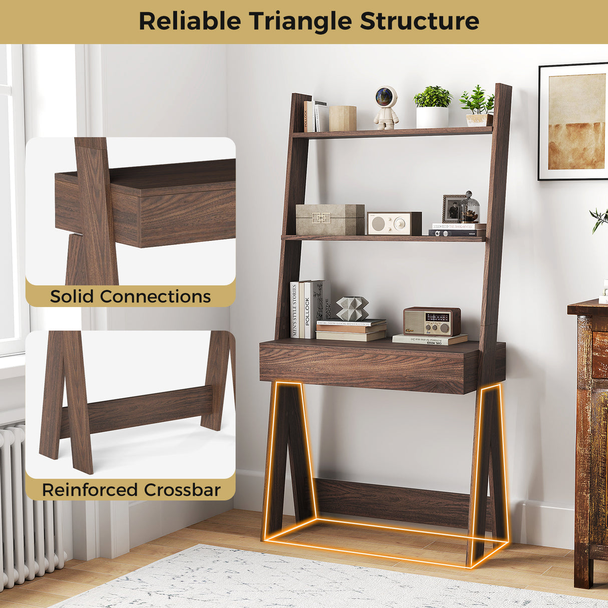Ladder Shelf Desk Bookcase with Countertop  Drawer and 2 Shelves-Walnut