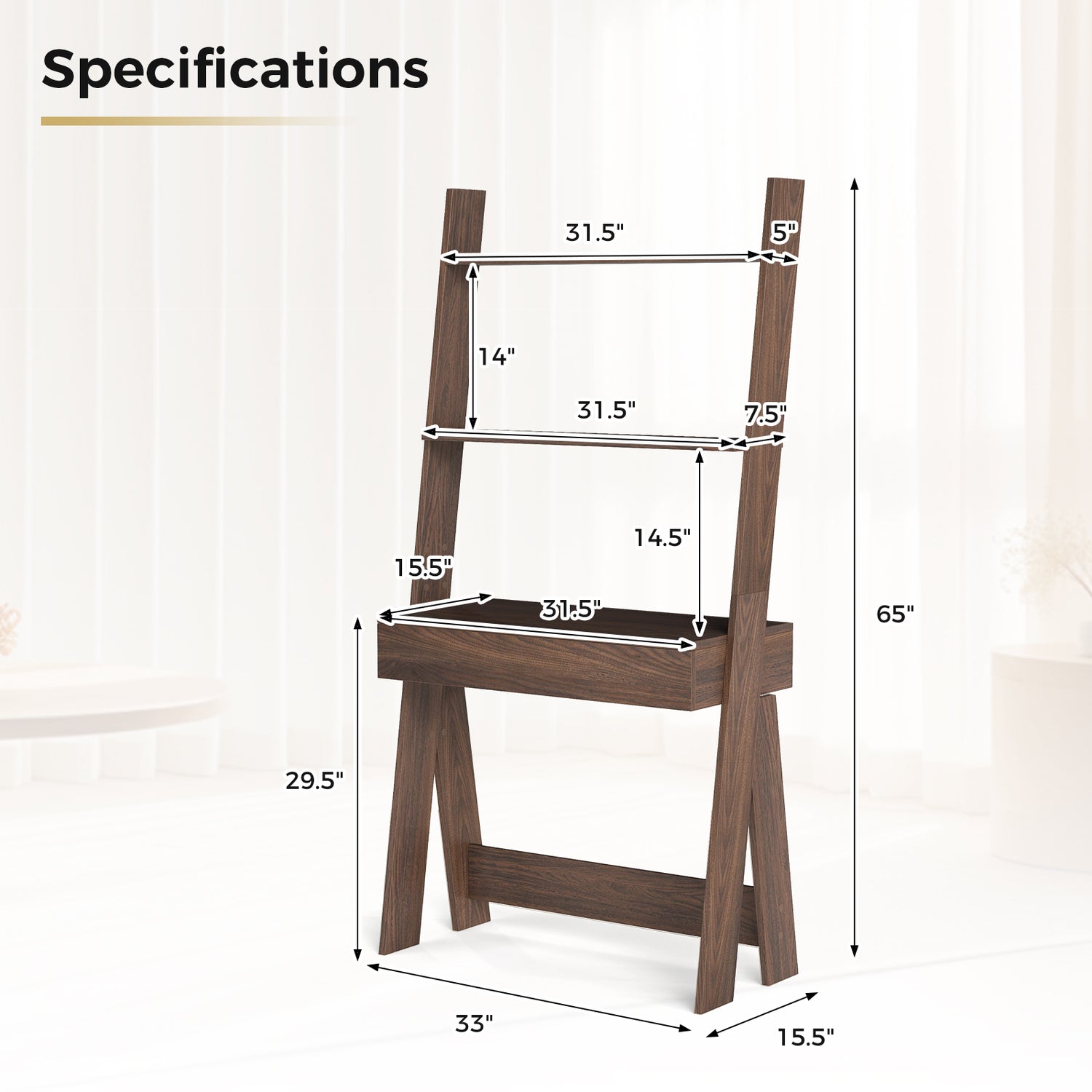 Ladder Shelf Desk Bookcase with Countertop  Drawer and 2 Shelves-Natural