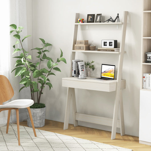 Ladder Shelf Desk with Countertop Drawer and Anti-Toppling Device-Oak