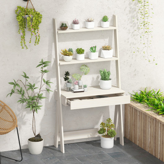 Ladder Shelf Desk with Countertop Drawer and Anti-Toppling Device-Oak
