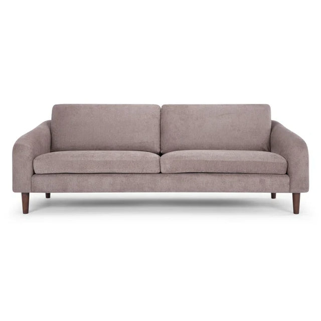 Introducing the Lana 85'' Upholstered Sofa: a contemporary, minimalist sofa in gray fabric. It includes two seat cushions and two back cushions, complemented by rounded armrests and dark wooden legs. This stylish couch is showcased against a plain white background.