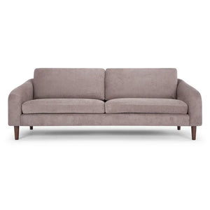 Introducing the Lana 85'' Upholstered Sofa: a contemporary, minimalist sofa in gray fabric. It includes two seat cushions and two back cushions, complemented by rounded armrests and dark wooden legs. This stylish couch is showcased against a plain white background.