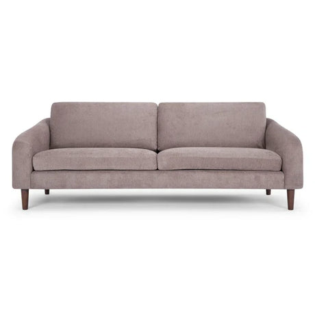 Introducing the Lana 85'' Upholstered Sofa: a contemporary, minimalist sofa in gray fabric. It includes two seat cushions and two back cushions, complemented by rounded armrests and dark wooden legs. This stylish couch is showcased against a plain white background.