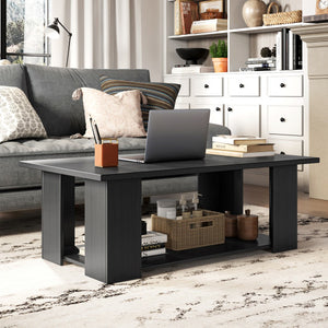 Large 36/41 Inch 2-tier Wooden Modern Coffee Table with Storage Shelf-Black