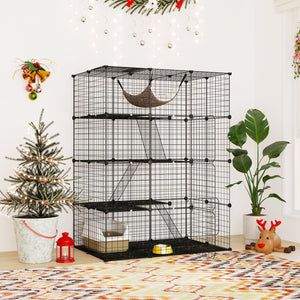 Large 4-Tier Cat Cage with Skylight and Hammock for 1-4 Cats-Black