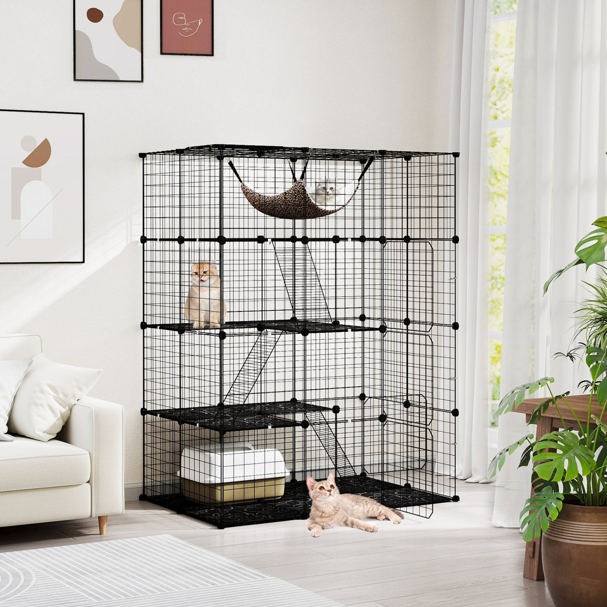 Large 4-Tier Cat Cage with Skylight and Hammock for 1-4 Cats-Black
