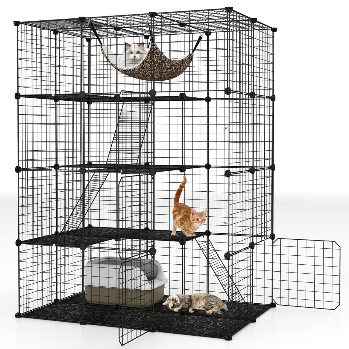 Large 4-Tier Cat Cage with Skylight and Hammock for 1-4 Cats-Black