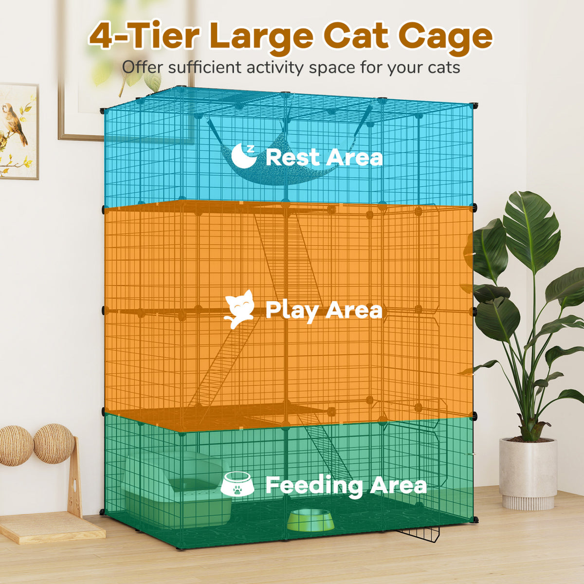 Large 4-Tier Cat Cage with Skylight and Hammock for 1-4 Cats-Black