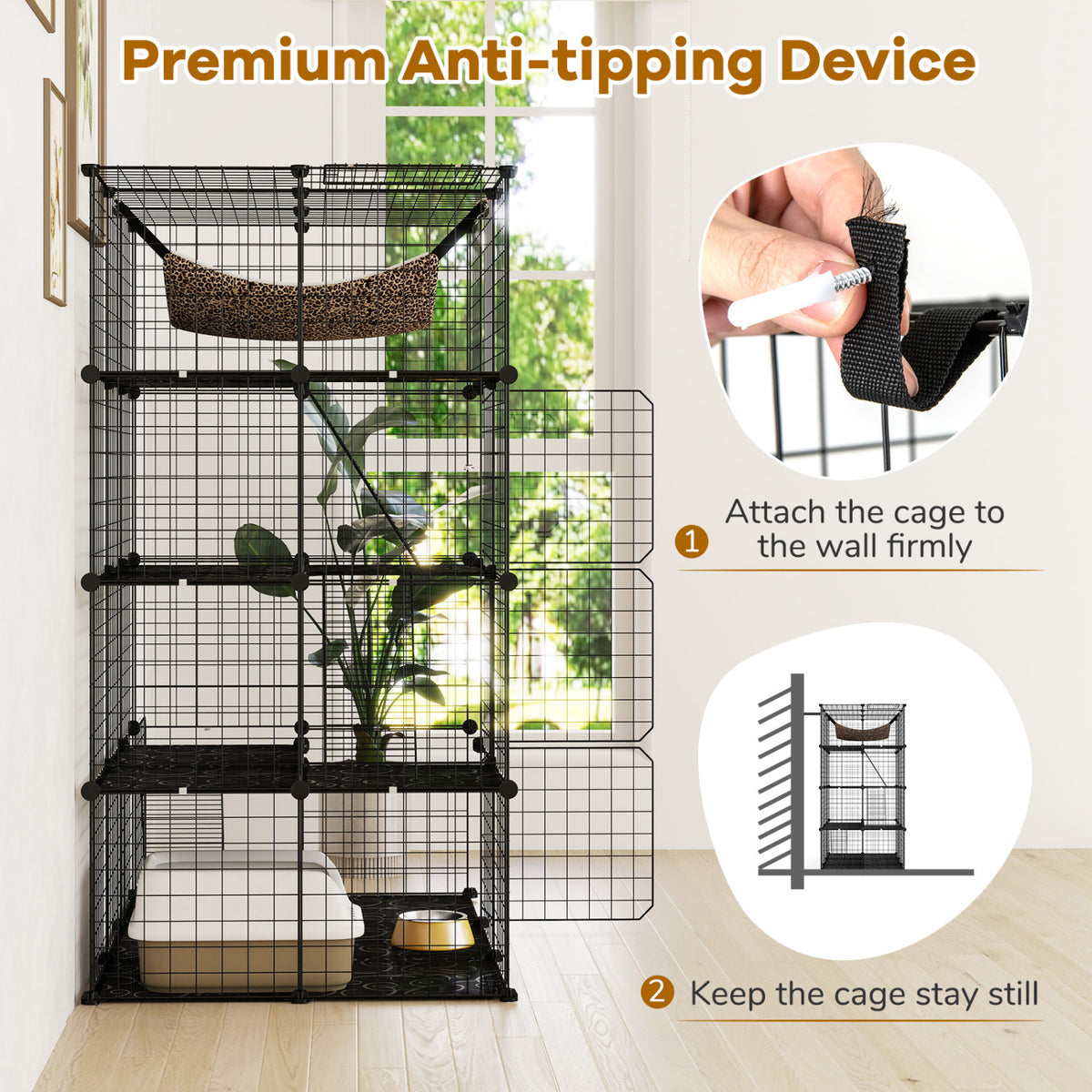 Large 4-Tier Cat Cage with Skylight and Hammock for 1-4 Cats-Black