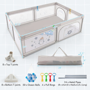 Large Baby Playpen with Pull Rings Ocean Balls and Cute Pattern-Penguin