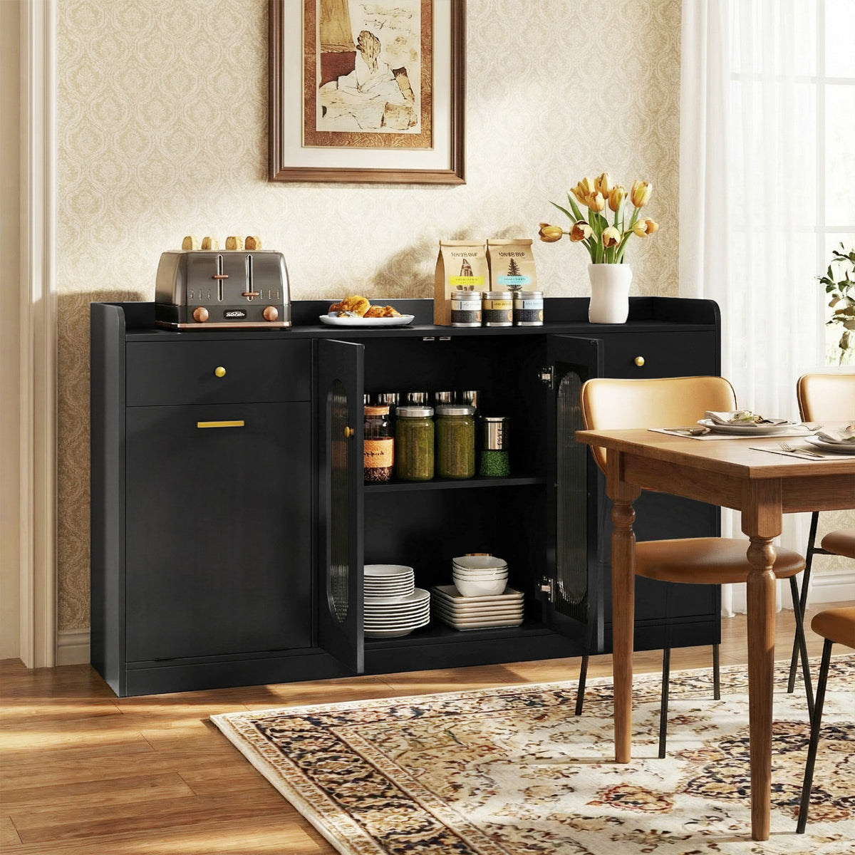Large Buffet Cabinet Hidden Tilt Out Trash Can Cabinet with 2 Glass Doors-Black