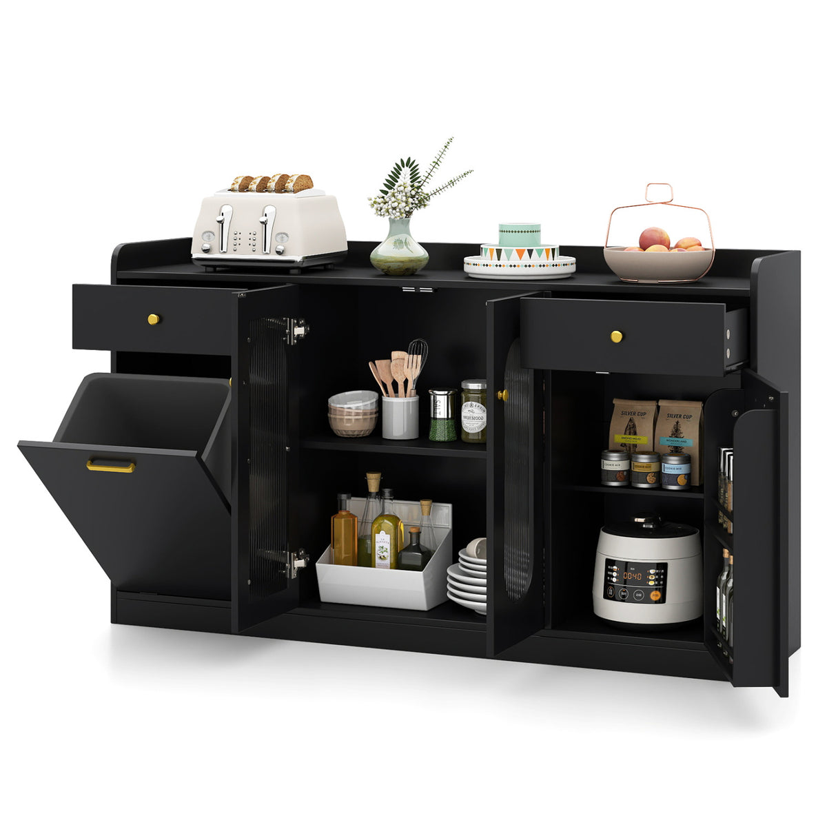 Large Buffet Cabinet Hidden Tilt Out Trash Can Cabinet with 2 Glass Doors-Black