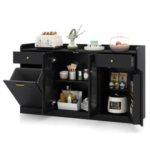 Large Buffet Cabinet Hidden Tilt Out Trash Can Cabinet with 2 Glass Doors-Black