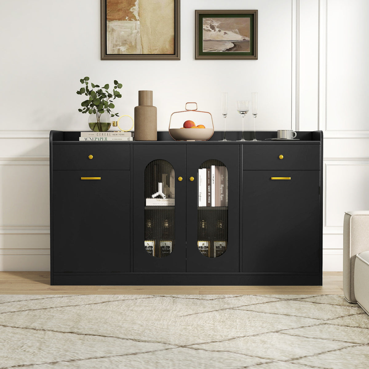 Large Buffet Cabinet Hidden Tilt Out Trash Can Cabinet with 2 Glass Doors-Black