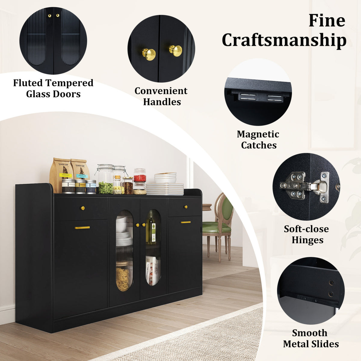 Large Buffet Cabinet Hidden Tilt Out Trash Can Cabinet with 2 Glass Doors-Black
