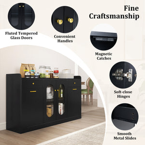 Large Buffet Cabinet Hidden Tilt Out Trash Can Cabinet with 2 Glass Doors-Black