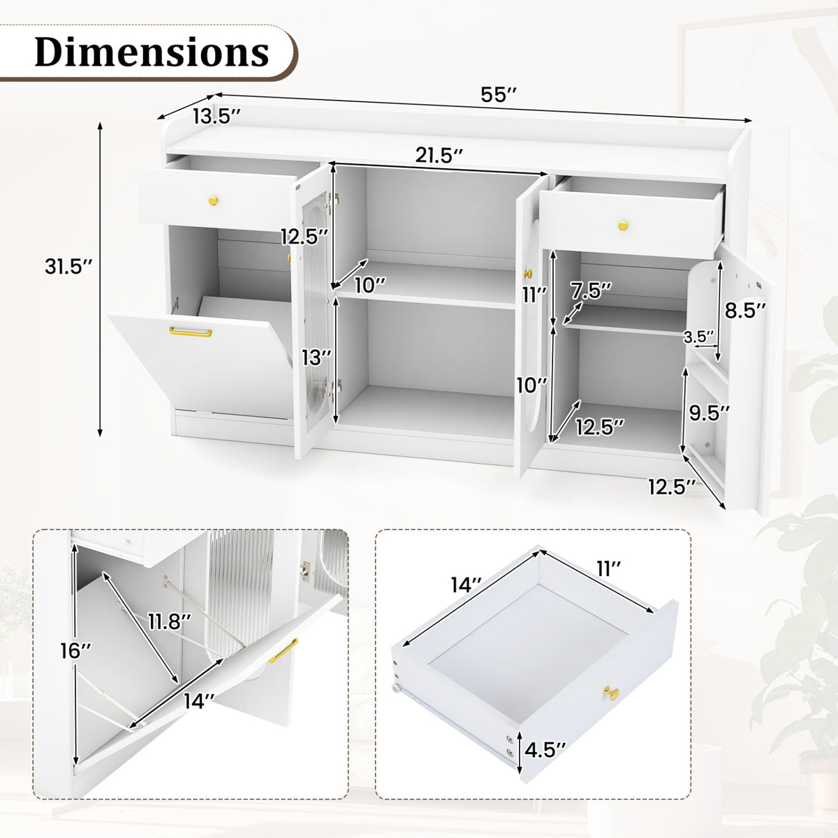 Large Buffet Cabinet Hidden Tilt Out Trash Can Cabinet with 2 Glass Doors-White