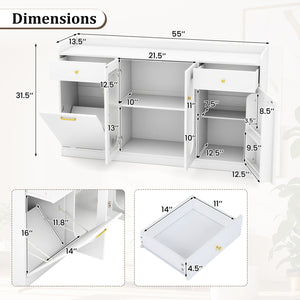 Large Buffet Cabinet Hidden Tilt Out Trash Can Cabinet with 2 Glass Doors-White
