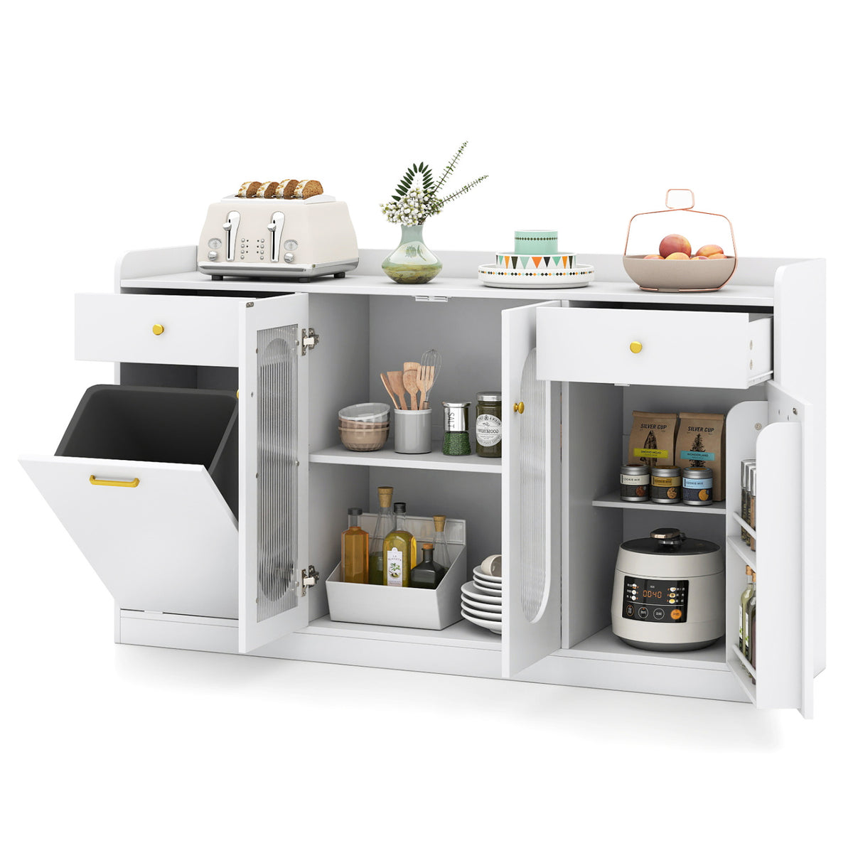 Large Buffet Cabinet Hidden Tilt Out Trash Can Cabinet with 2 Glass Doors-White
