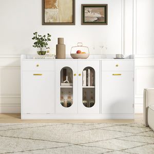 Large Buffet Cabinet Hidden Tilt Out Trash Can Cabinet with 2 Glass Doors-White