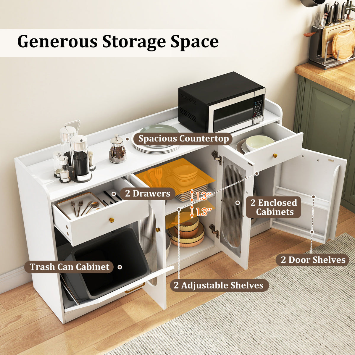 Large Buffet Cabinet Hidden Tilt Out Trash Can Cabinet with 2 Glass Doors-White