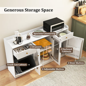Large Buffet Cabinet Hidden Tilt Out Trash Can Cabinet with 2 Glass Doors-White
