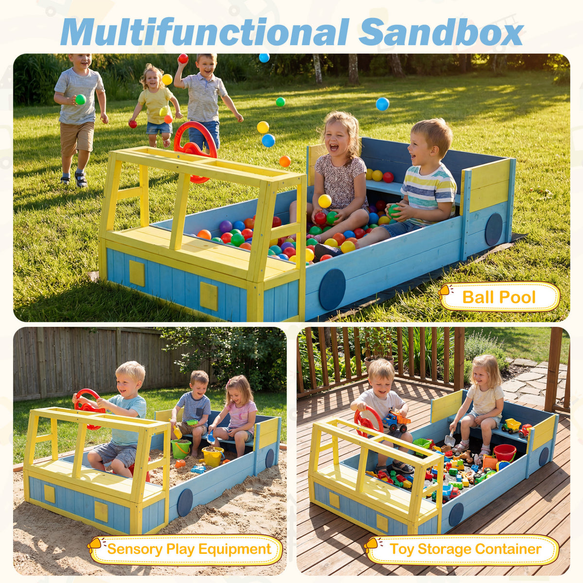 Large Car-Theme Sand Box with Bottom Liner and Fir Wood Frame-Blue
