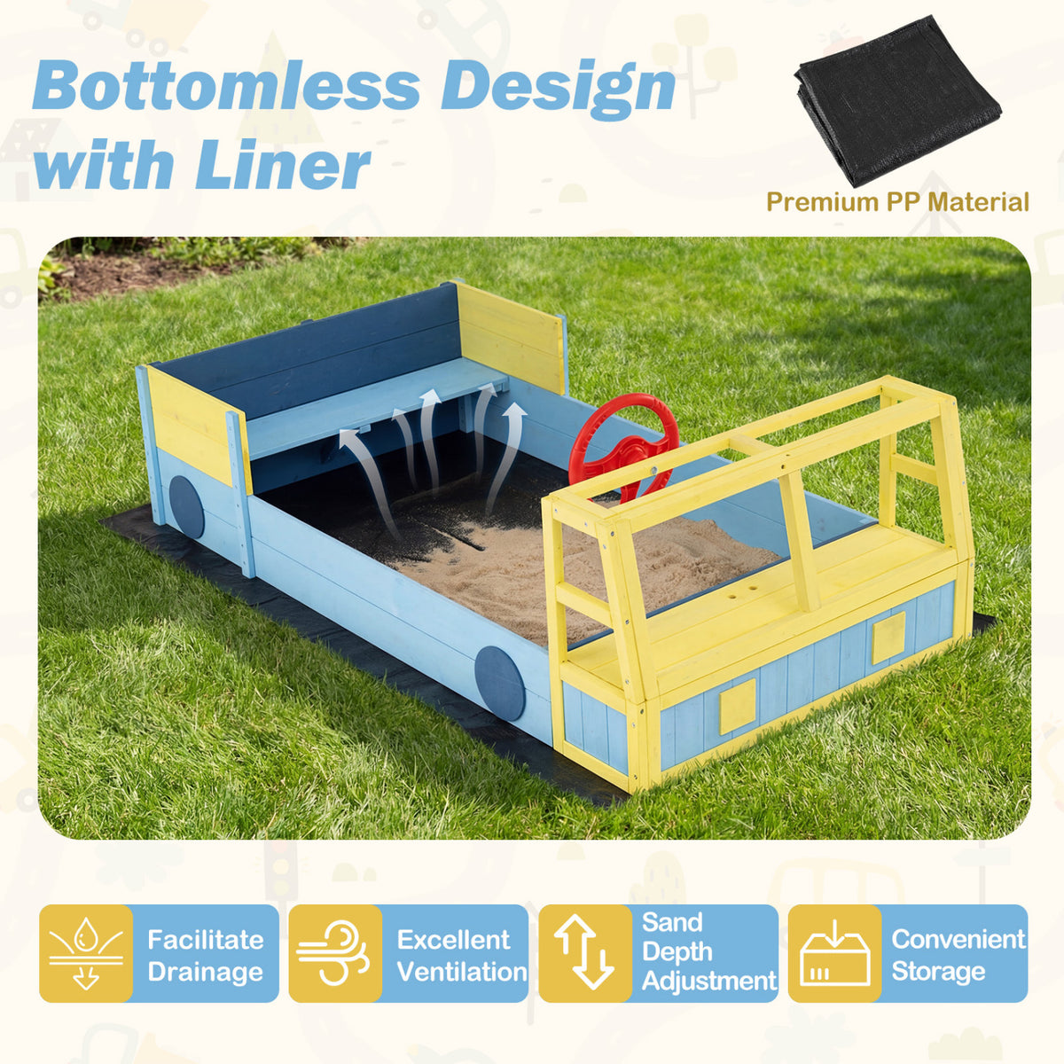 Large Car-Theme Sand Box with Bottom Liner and Fir Wood Frame-Blue
