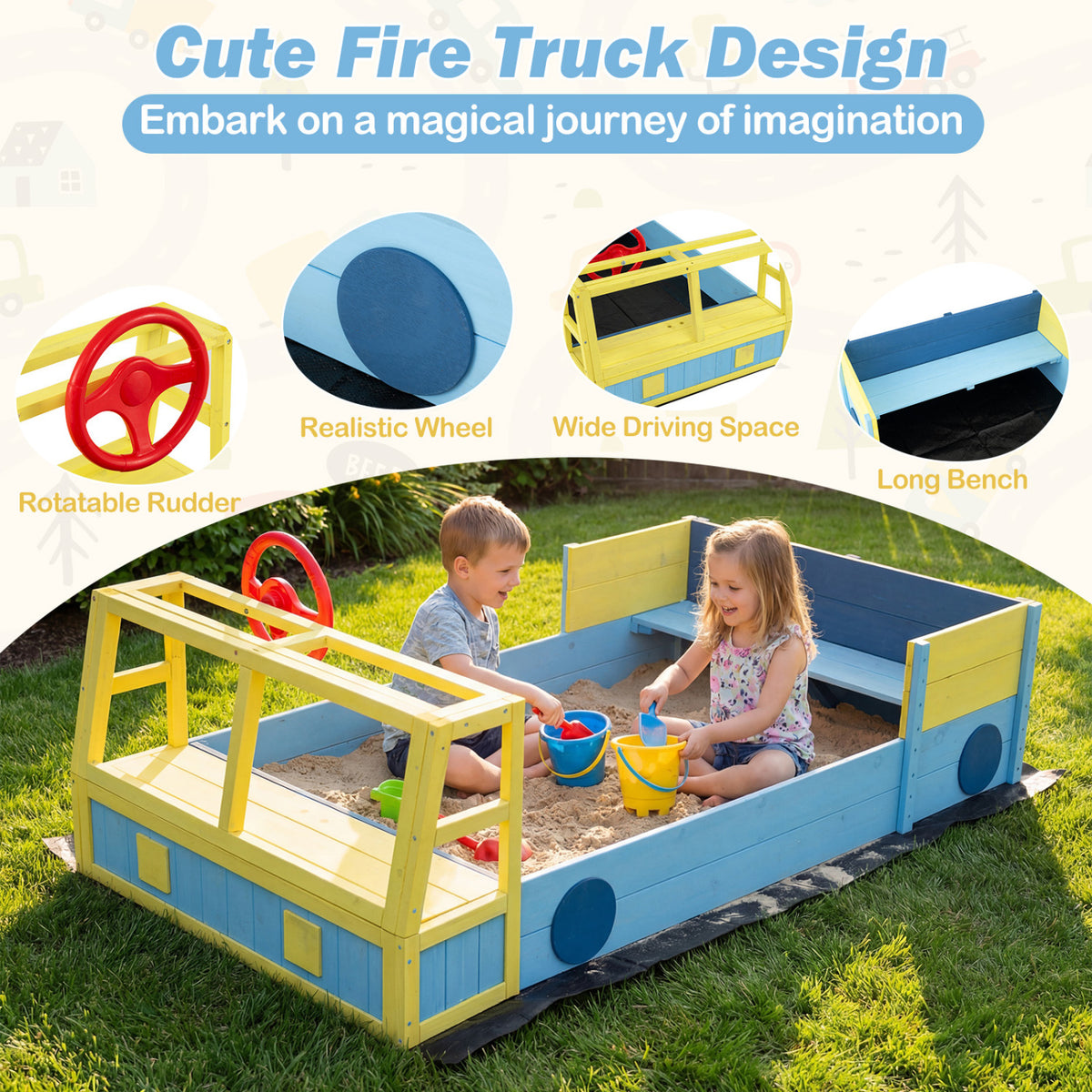Large Car-Theme Sand Box with Bottom Liner and Fir Wood Frame-Blue