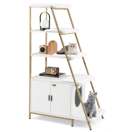 Large Cat Litter Box Enclosure with Storage and Ladder Shelf-White