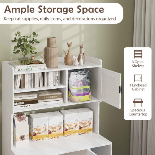 Large Cat Litter Box Enclosure with Display Storage Shelves-White