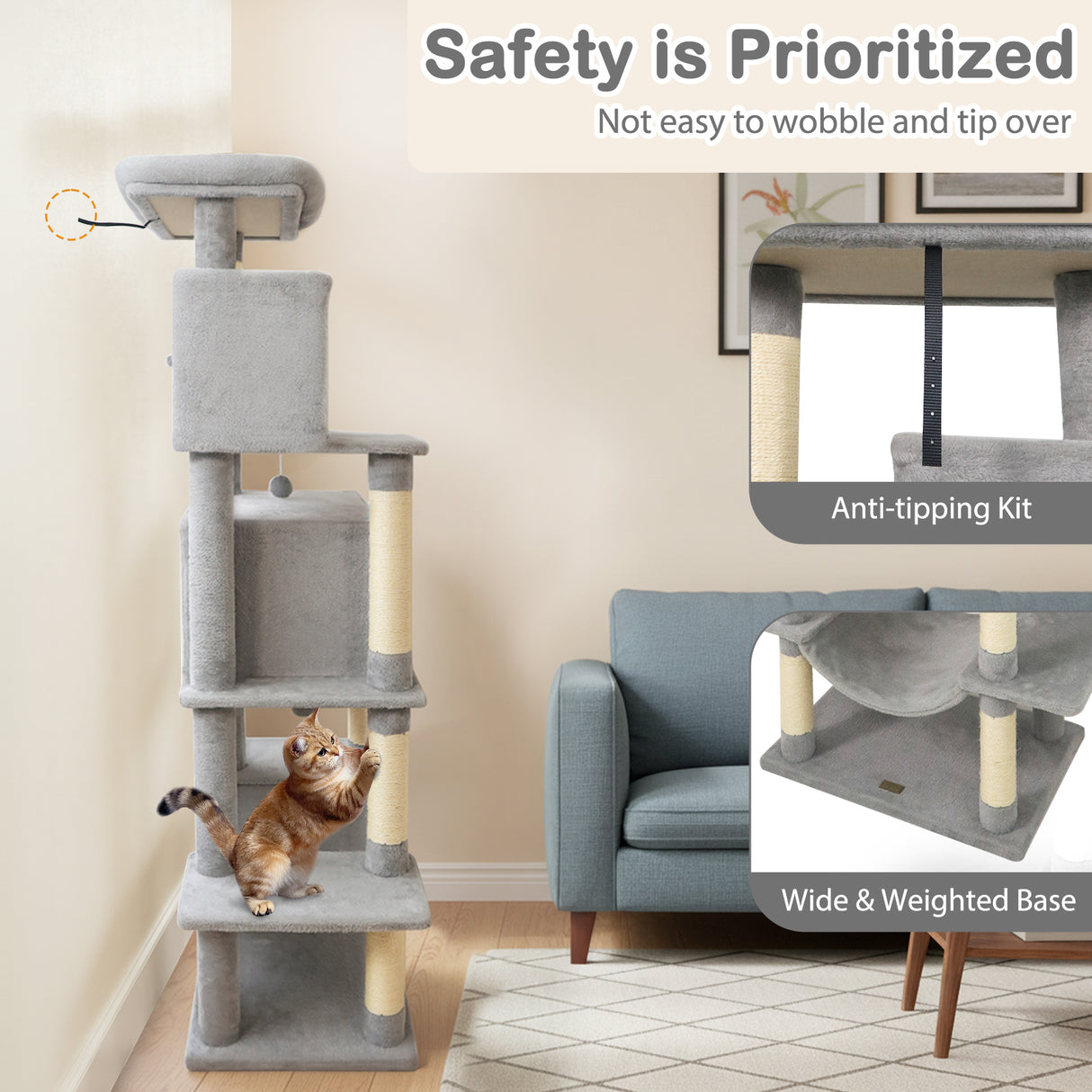 Large Cat Tree for Indoor Cats 70" Tall Cat Tower-Light Gray