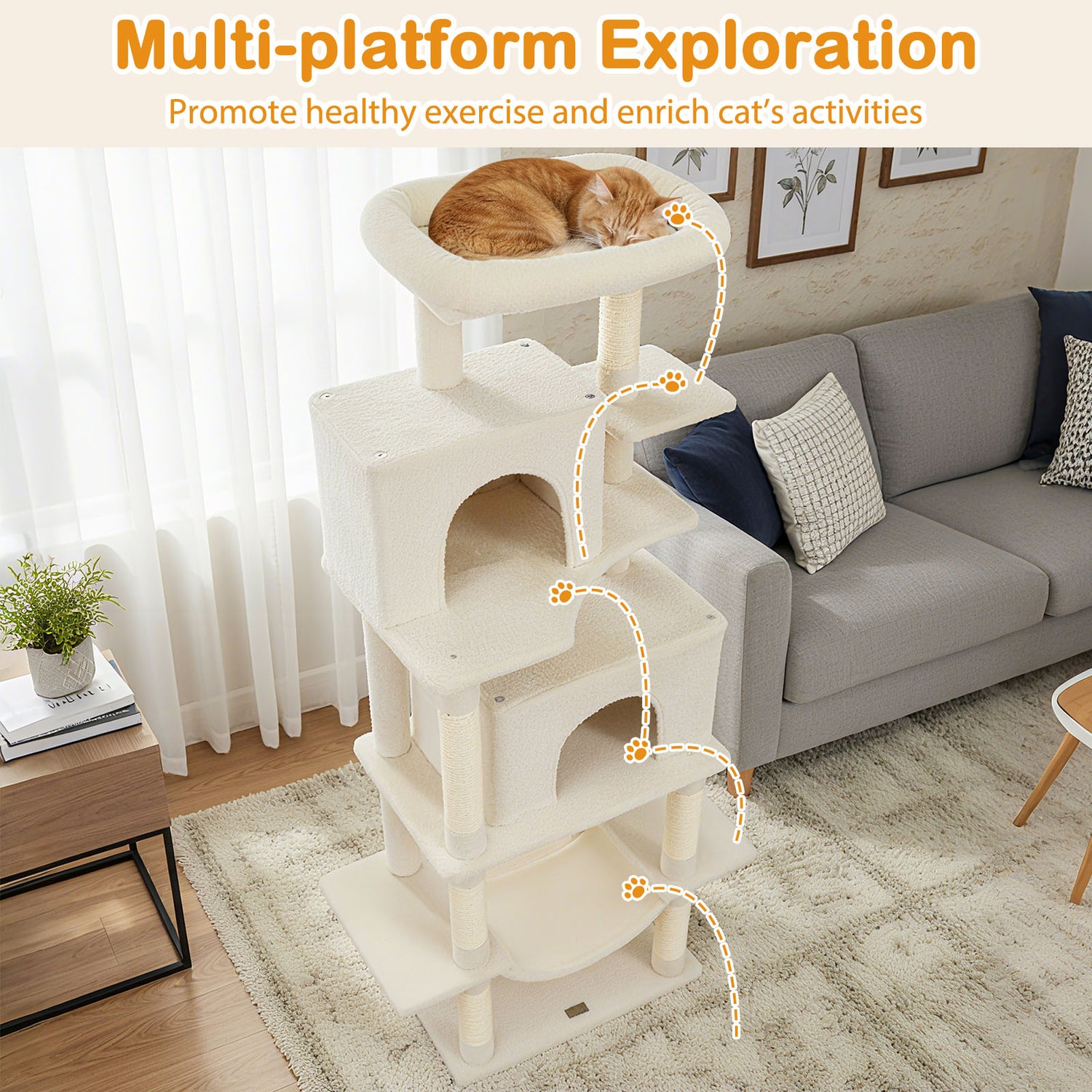 Large Cat Tree for Indoor Cats 70" Tall Cat Tower-Beige