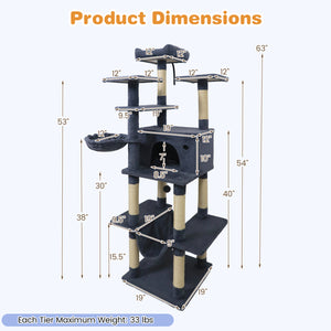 Large Cat Tree for Indoor Cats 63" Tall Cat Tower-Dark Gray