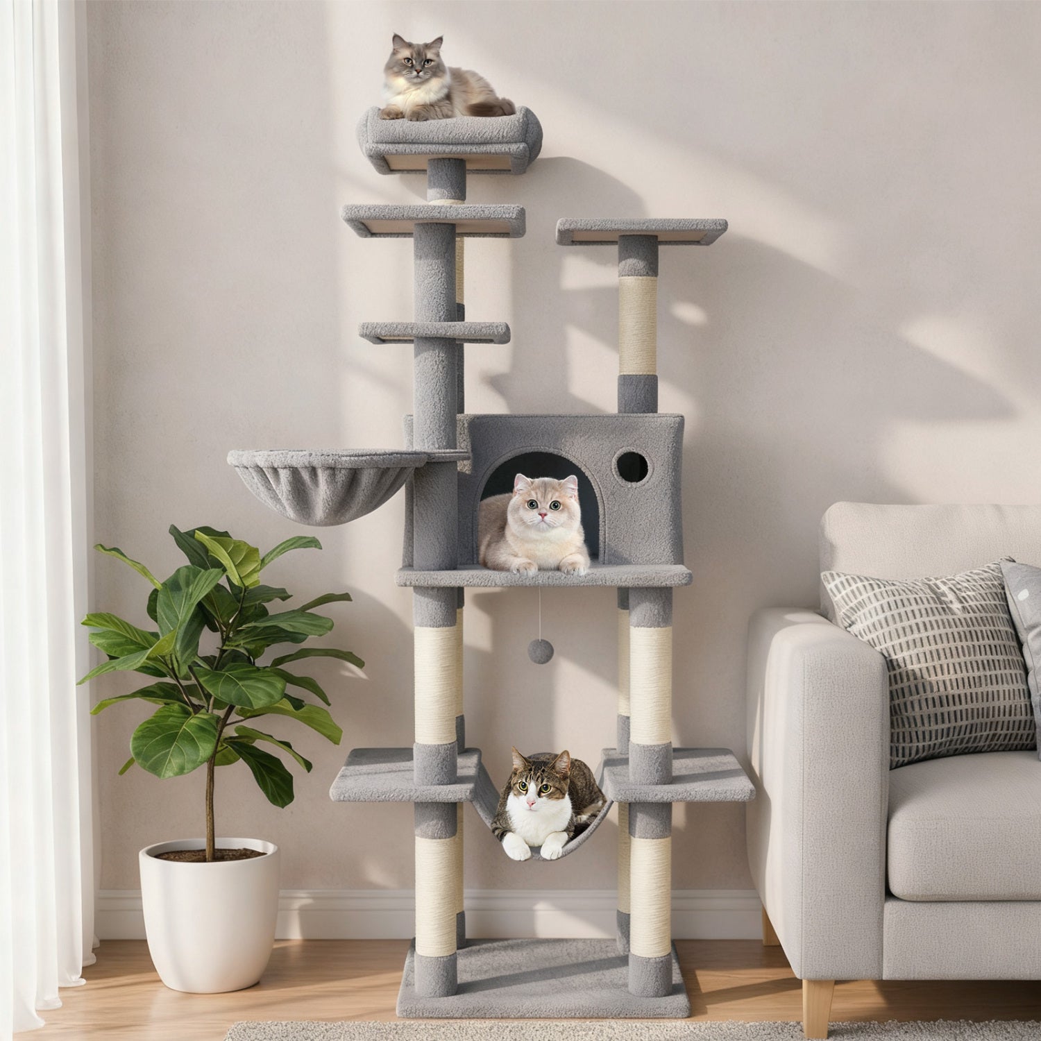 Large Cat Tree for Indoor Cats 63" Tall Cat Tower-Lght Gray