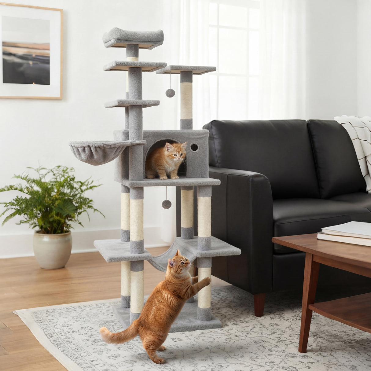 Large Cat Tree for Indoor Cats 63" Tall Cat Tower-Lght Gray