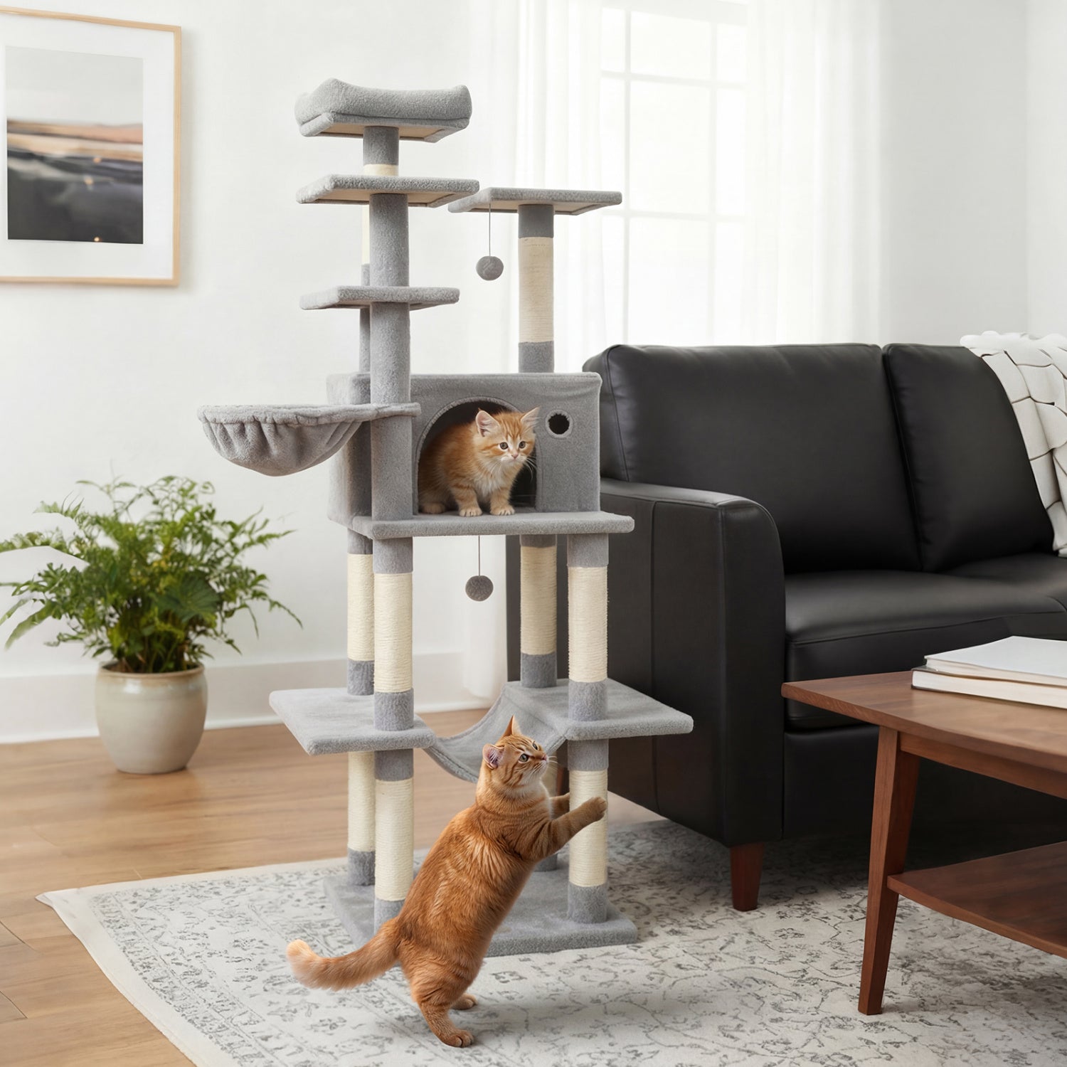 Large Cat Tree for Indoor Cats 63" Tall Cat Tower-Lght Gray
