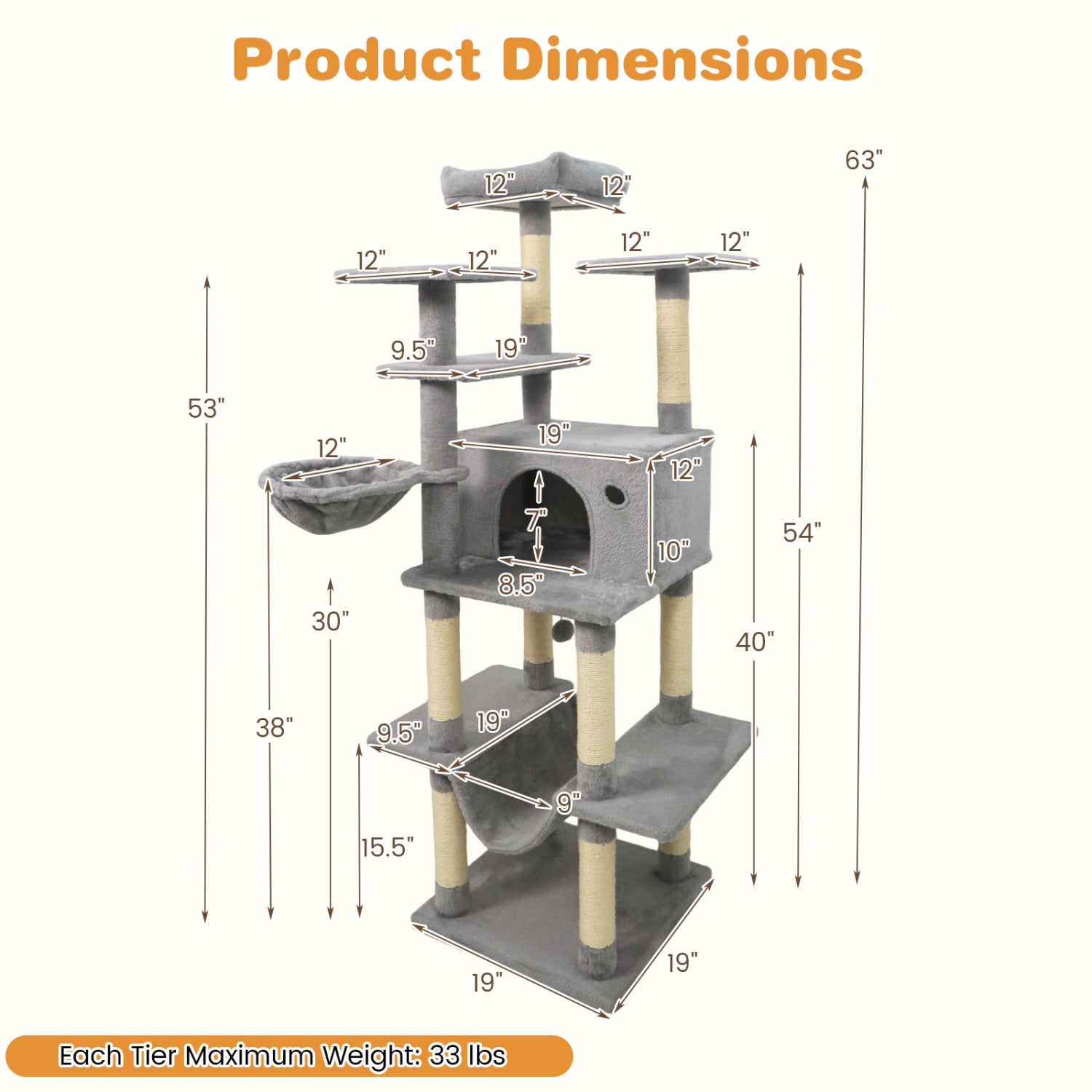 Large Cat Tree for Indoor Cats 63" Tall Cat Tower-Lght Gray