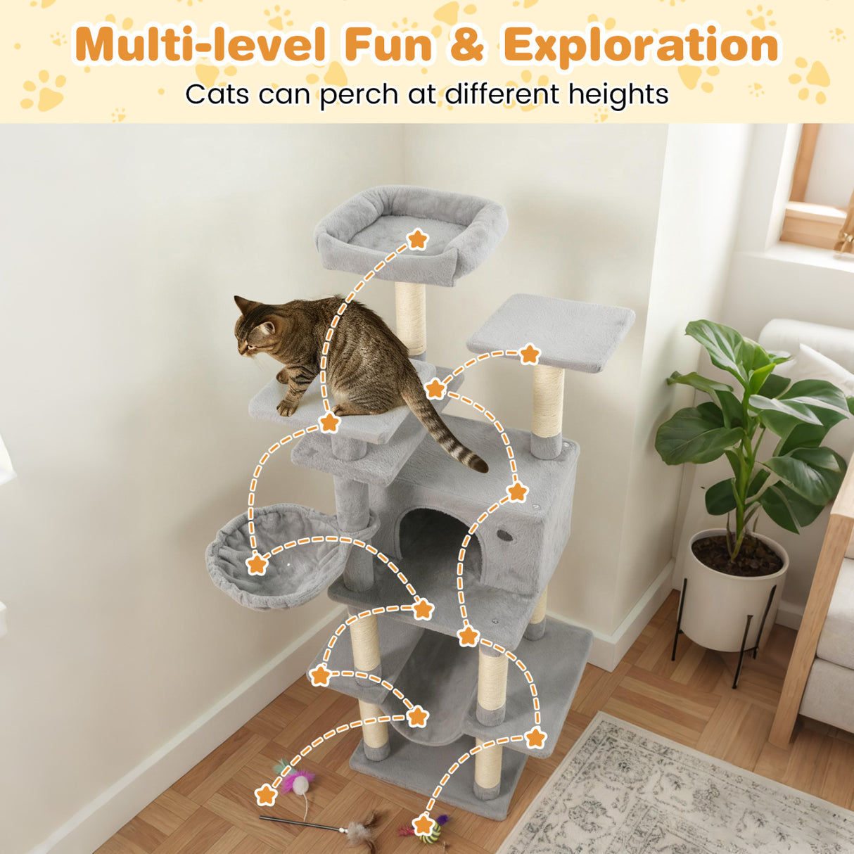 Large Cat Tree for Indoor Cats 63" Tall Cat Tower-Lght Gray