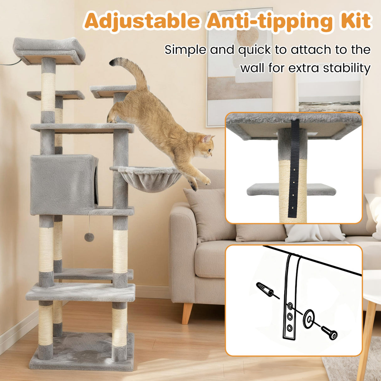Large Cat Tree for Indoor Cats 63" Tall Cat Tower-Lght Gray