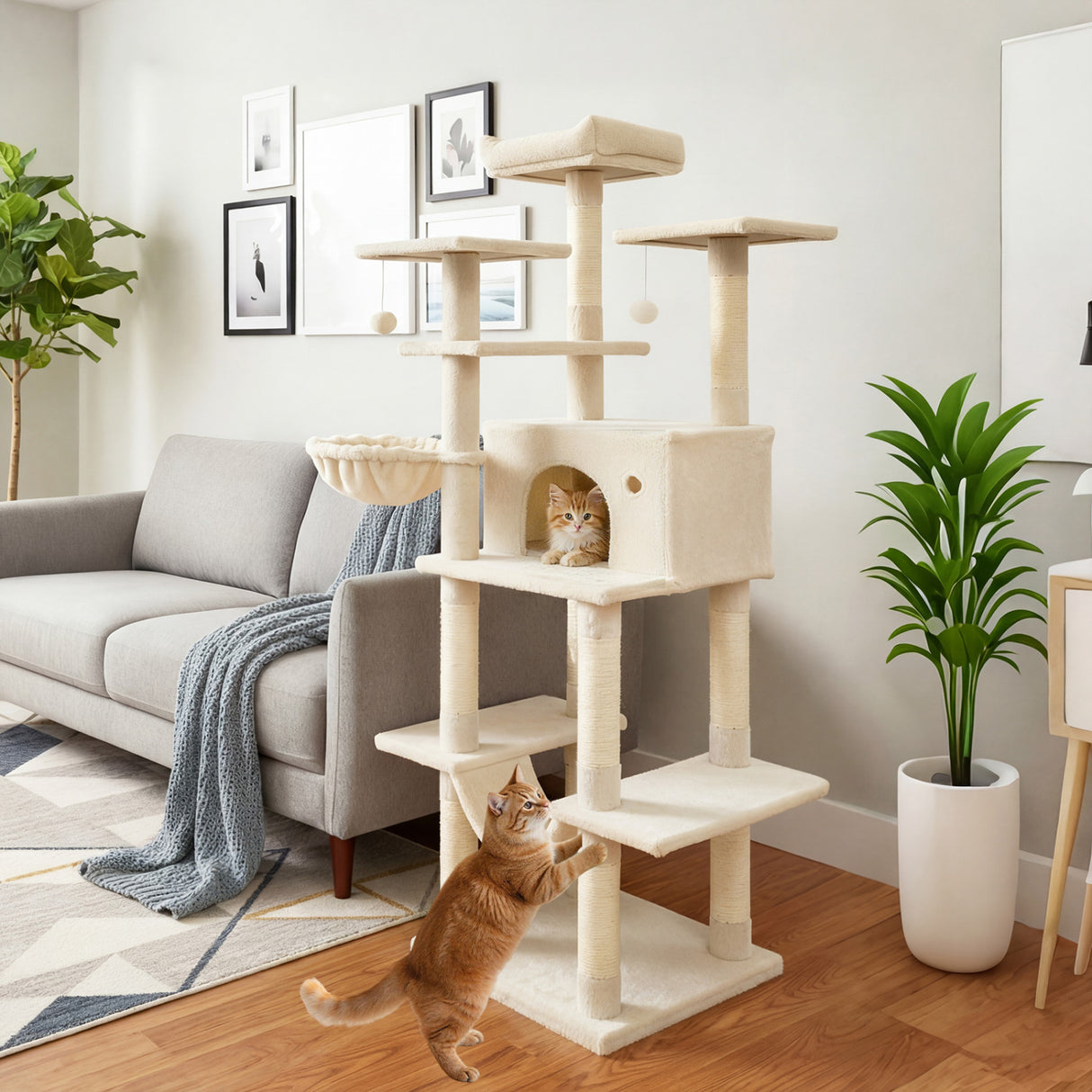 Large Cat Tree for Indoor Cats 63" Tall Cat Tower-Beige