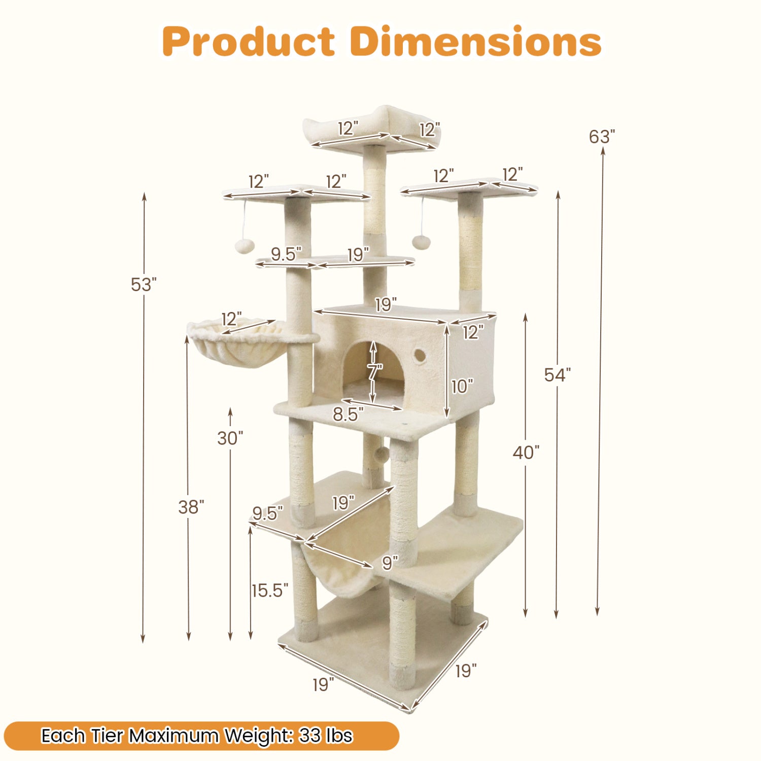 Large Cat Tree for Indoor Cats 63" Tall Cat Tower-Beige