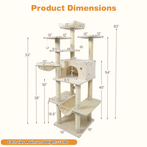 Large Cat Tree for Indoor Cats 63" Tall Cat Tower-Beige