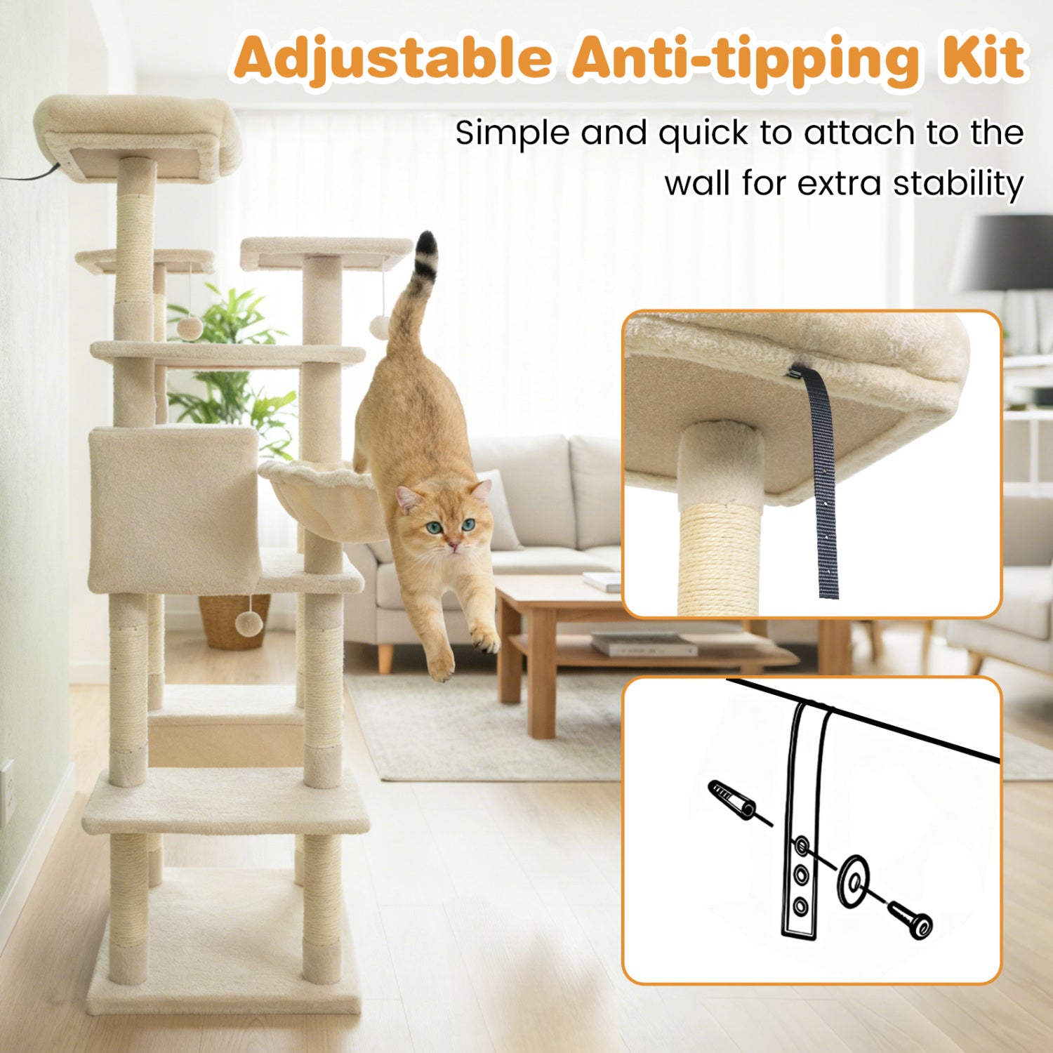 Large Cat Tree for Indoor Cats 63" Tall Cat Tower-Beige