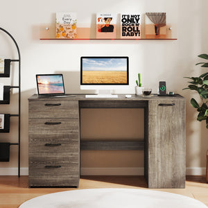 53 Inches Computer Desk with Power Outlets and 4 Storage Drawers-Gray
